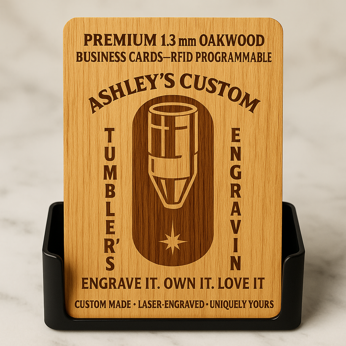 Custom Laser-Engraved Oakwood RFID Business Cards – 1.3mm Thick, NFC Ready – Personalized for Engravers, Makers & Small Businesses Ashley's Custom Tumblers & Engraving