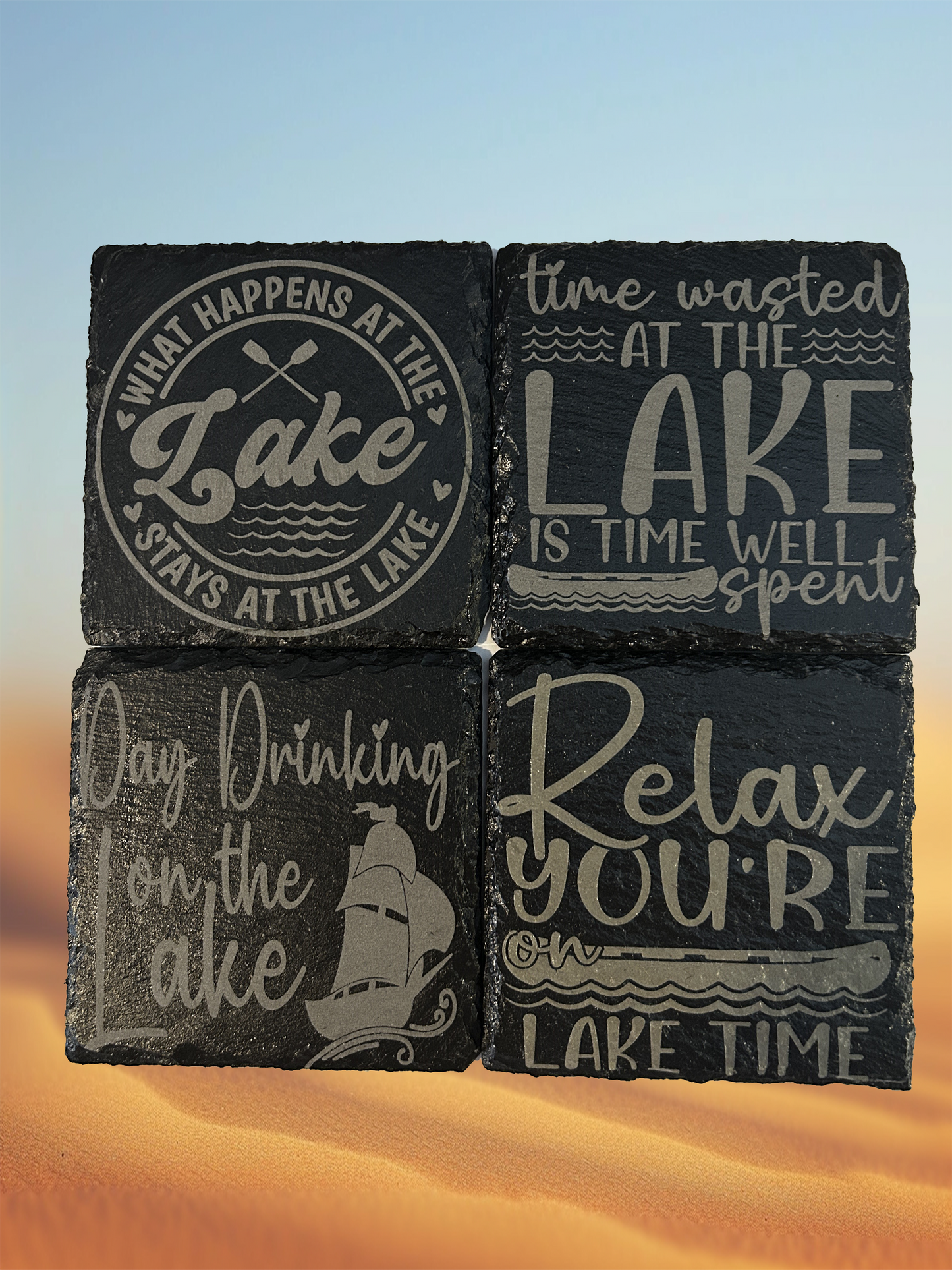 4 Piece Set Lake themed Slate Rock Coasters