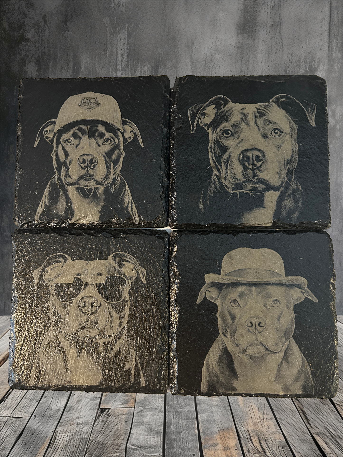 4 Piece Set Pitbull Themed Slate Rock Coasters