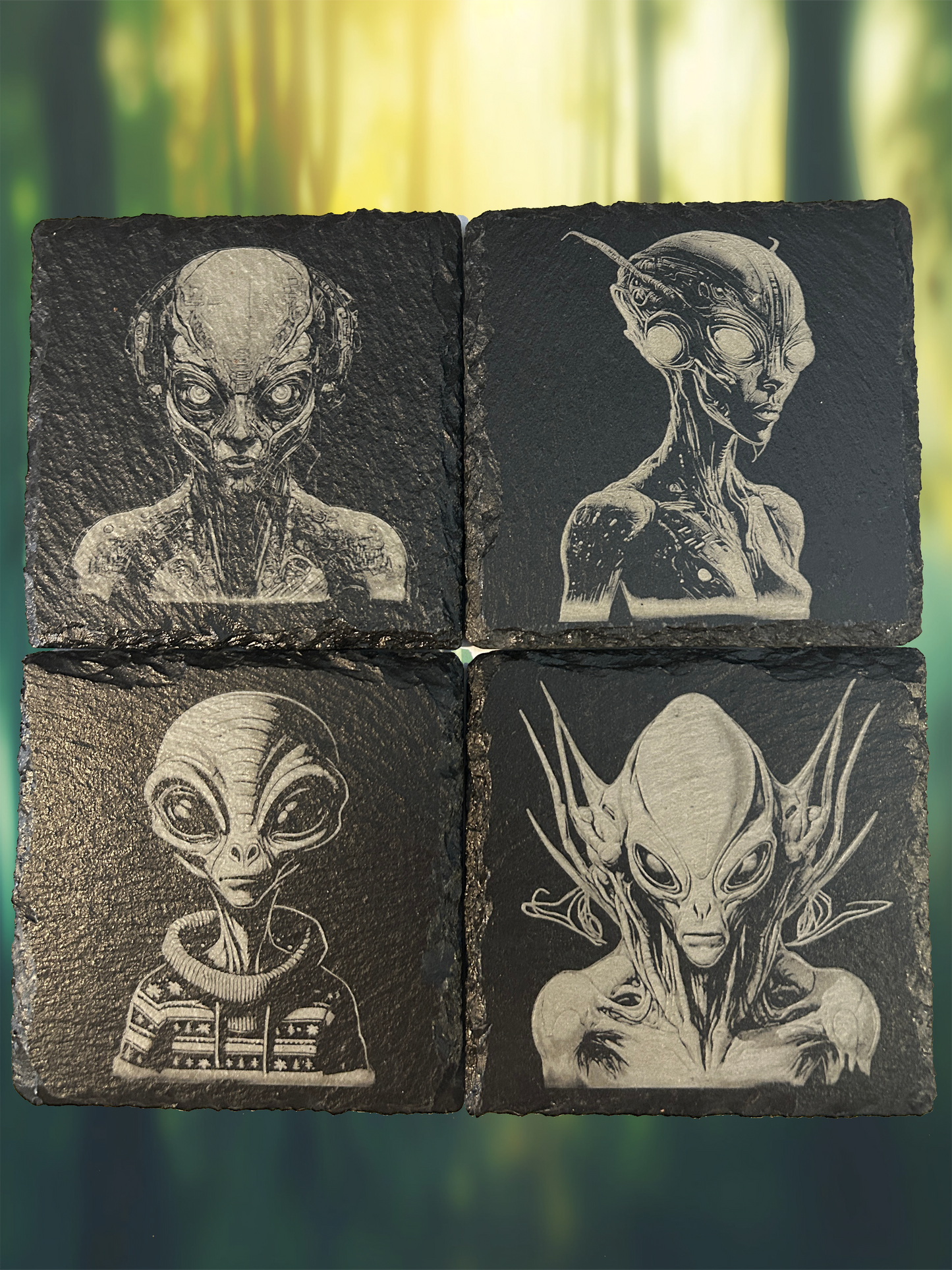 4 Piece Set Alien Themed Slate Rock Coasters