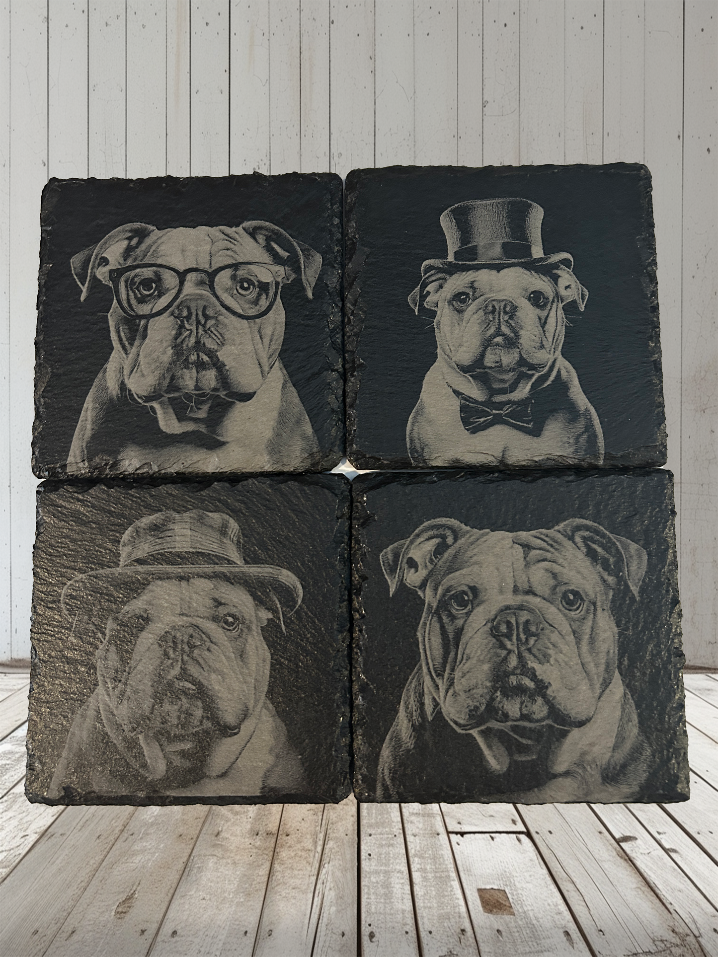 4 Piece Set Bulldog Themed Slate Rock Coasters