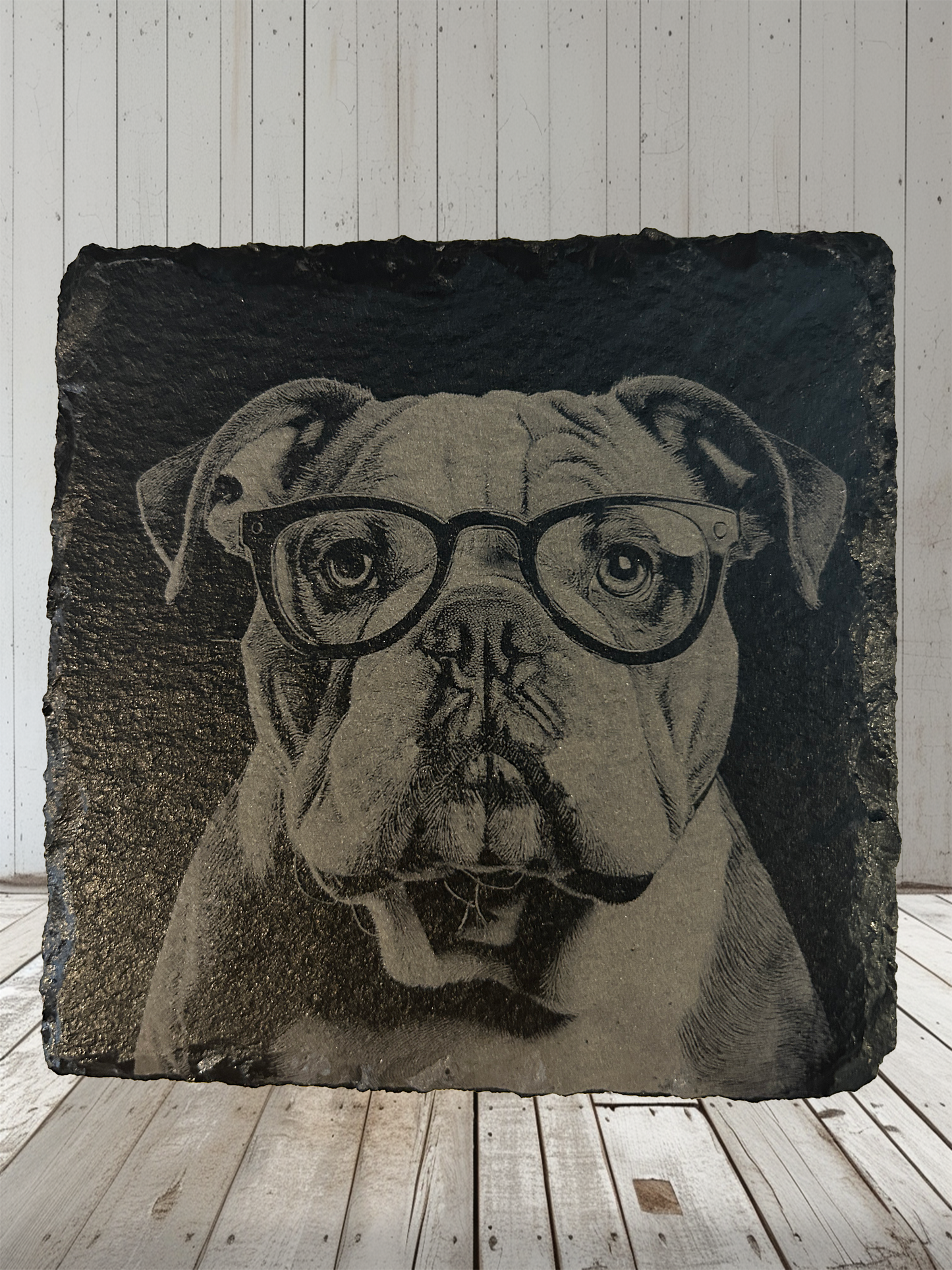 4 Piece Set Bulldog Themed Slate Rock Coasters