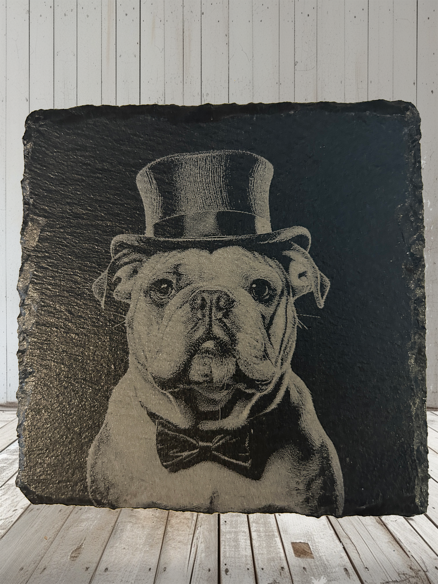 4 Piece Set Bulldog Themed Slate Rock Coasters