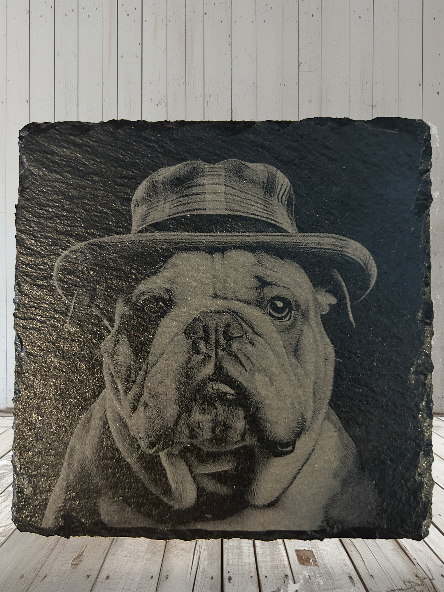 4 Piece Set Bulldog Themed Slate Rock Coasters