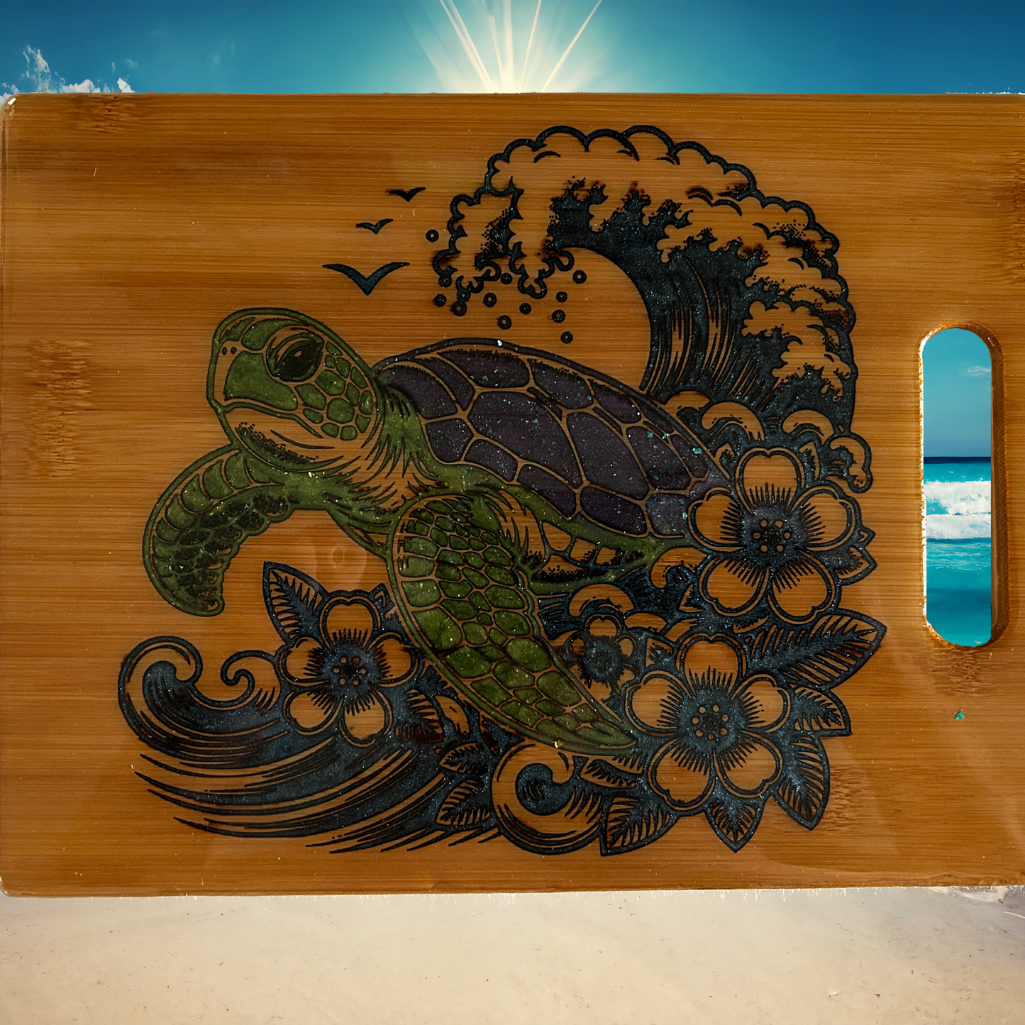 "Sea Turtle Bamboo Cutting Board – Laser-Engraved & Hand-Painted Ocean Art – Tropical Beach Kitchen or Coastal Gift Idea" Ashley's Custom Tumblers & Engraving