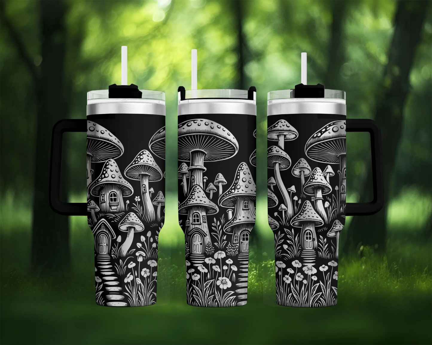 20oz Mushroom Village Tumbler – Fantasy Cottagecore Stainless Steel Travel Cup with Handle & Straw Lid Ashley's Custom Tumblers & Engraving