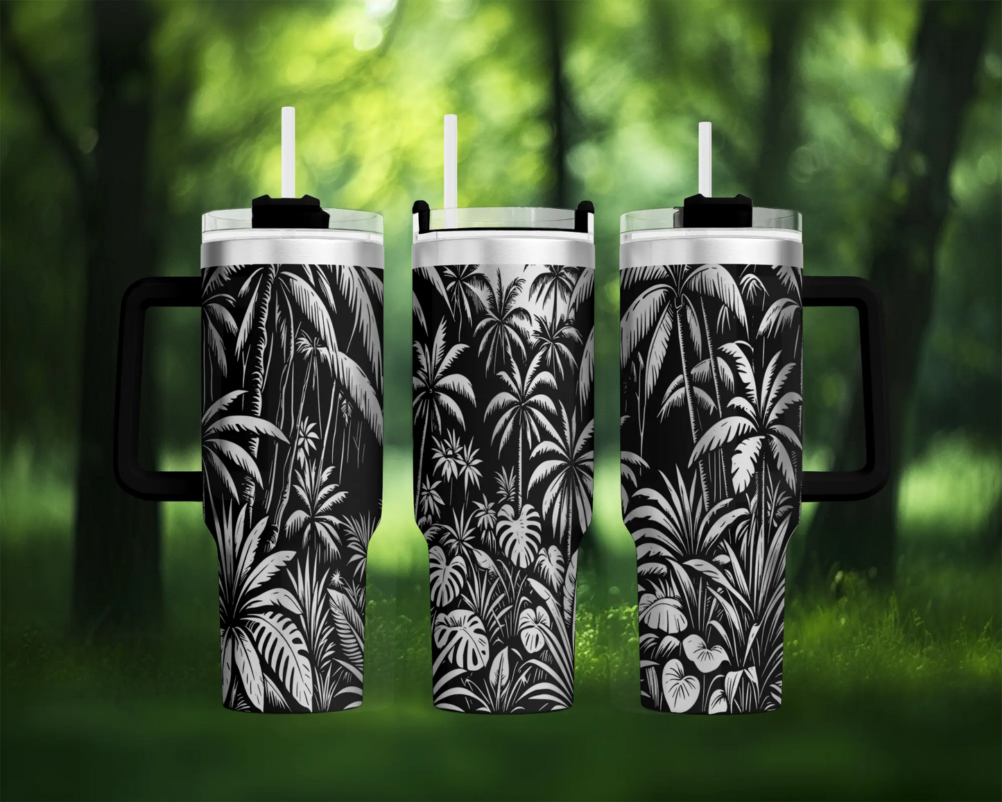 20oz Tropical Palm Tree Tumbler – Black Stainless Steel Nature-Themed Travel Cup with Handle & Straw Lid Ashley's Custom Tumblers & Engraving