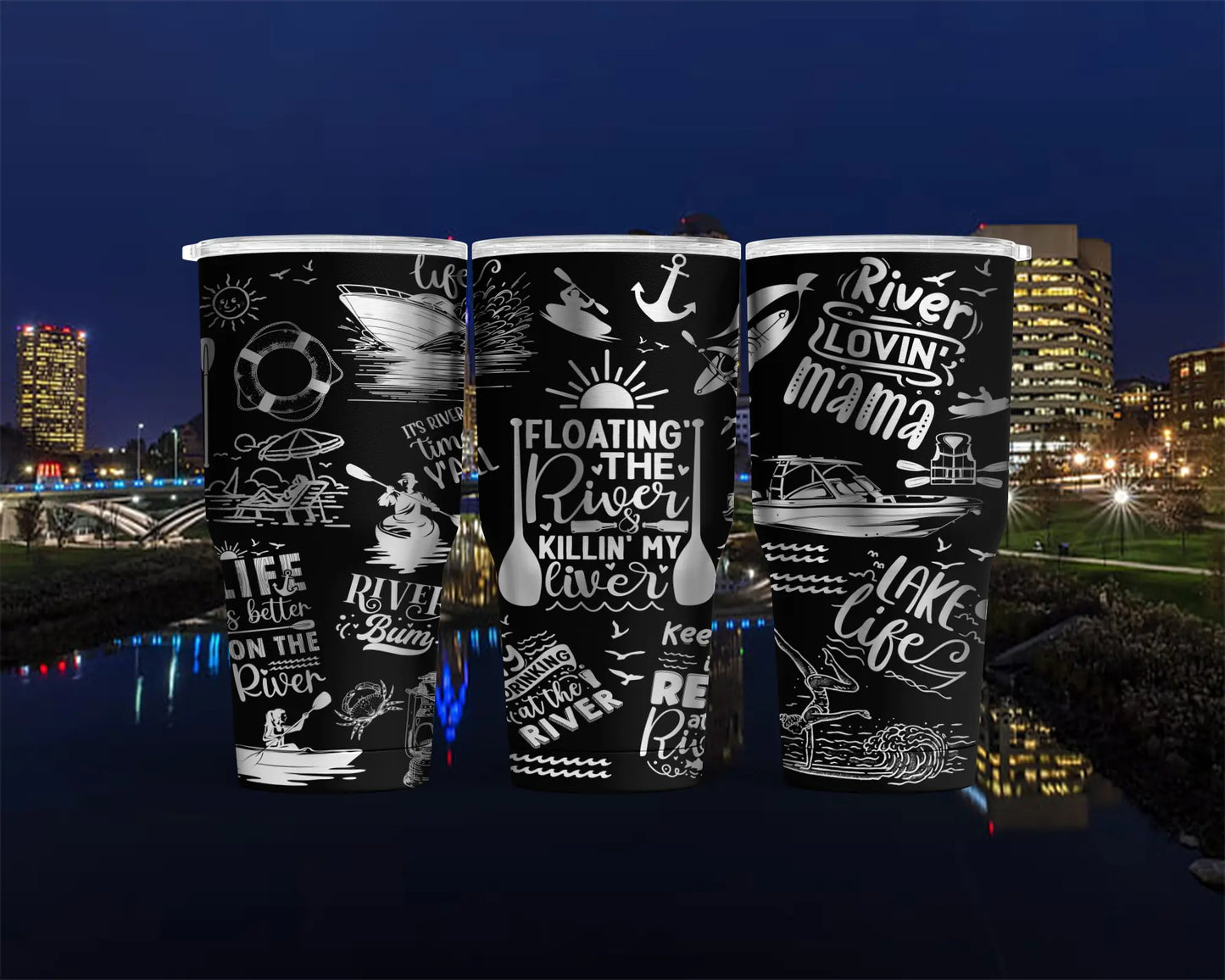 30oz River Life Quote Tumbler – Black Stainless Steel Modern Curved Travel Cup with Floating & Boating Sayings Ashley's Custom Tumblers & Engraving