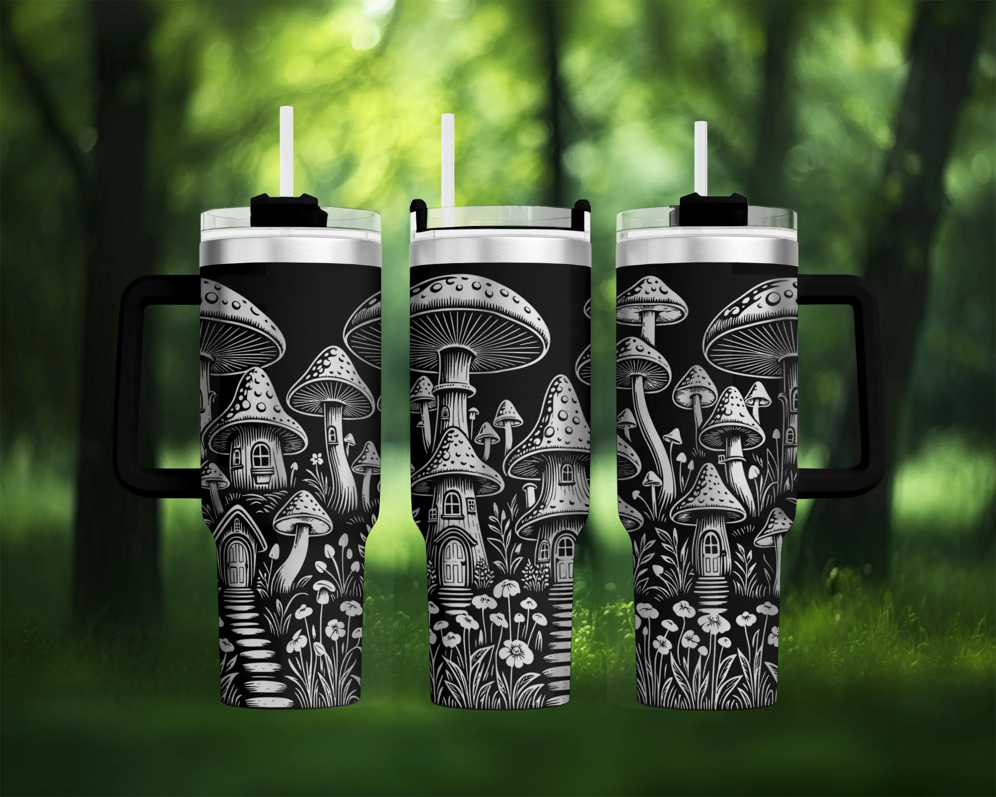 20oz Mushroom Village Tumbler – Fantasy Cottagecore Stainless Steel Travel Cup with Handle & Straw Lid Ashley's Custom Tumblers & Engraving